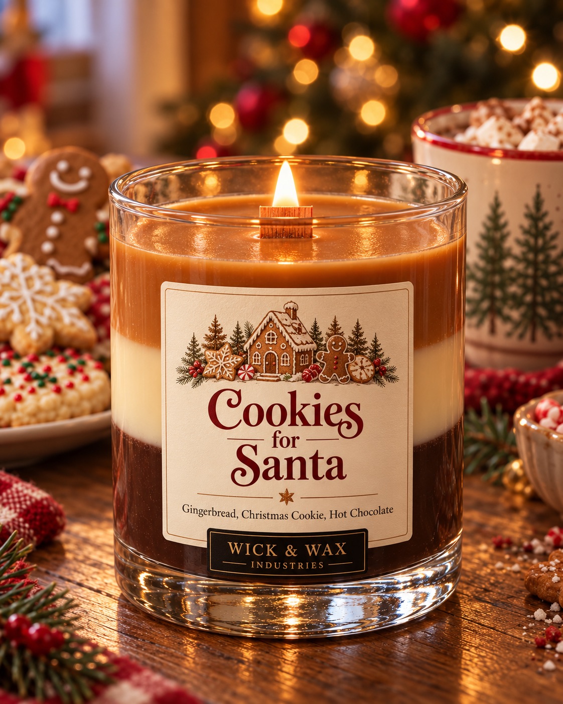 Cookies for Santa candle with gingerbread, cream and hot chocolate layers, next to Christmas cookies and a mug of cocoa.