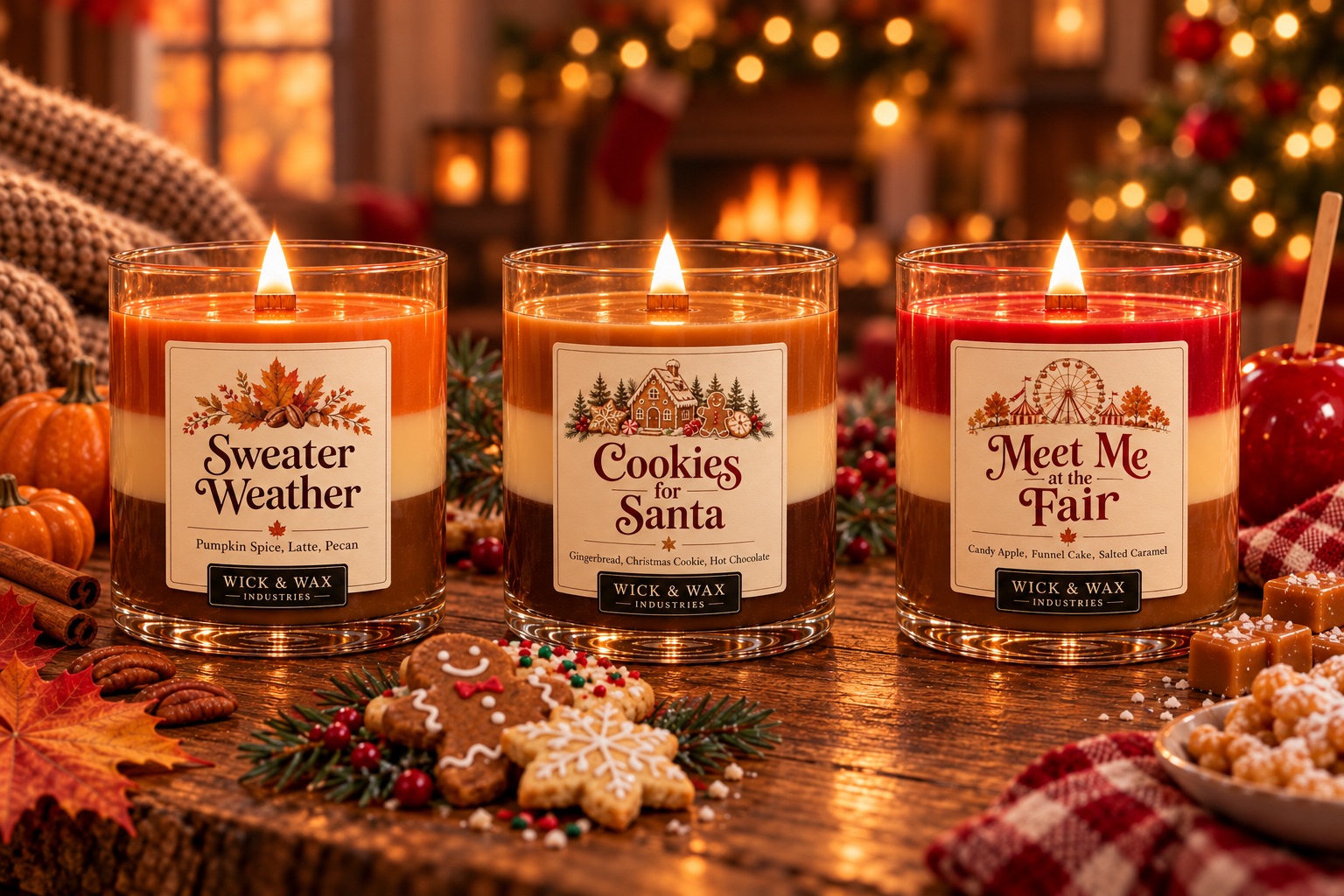 The three Wick & Wax holiday candles side by side: Sweater Weather, Cookies for Santa and Meet Me at the Fair, each with a wooden wick.
