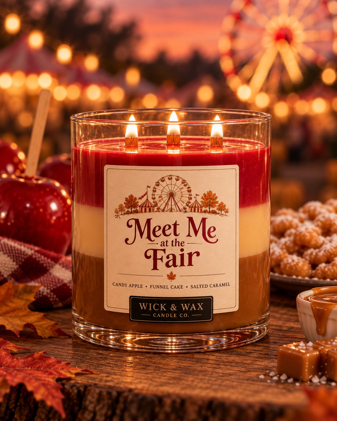 Meet Me at the Fair candle with candy apples, funnel cake and caramels, in front of a Ferris wheel.