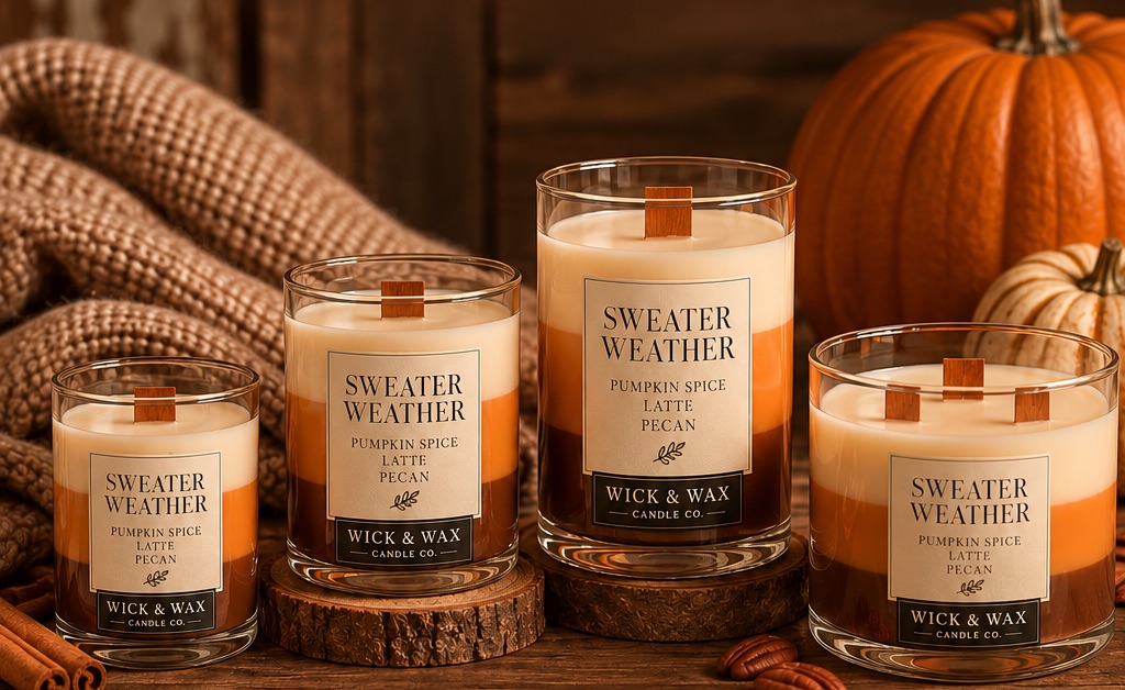 Sweater Weather packaging concepts with layered wax and wooden wicks.