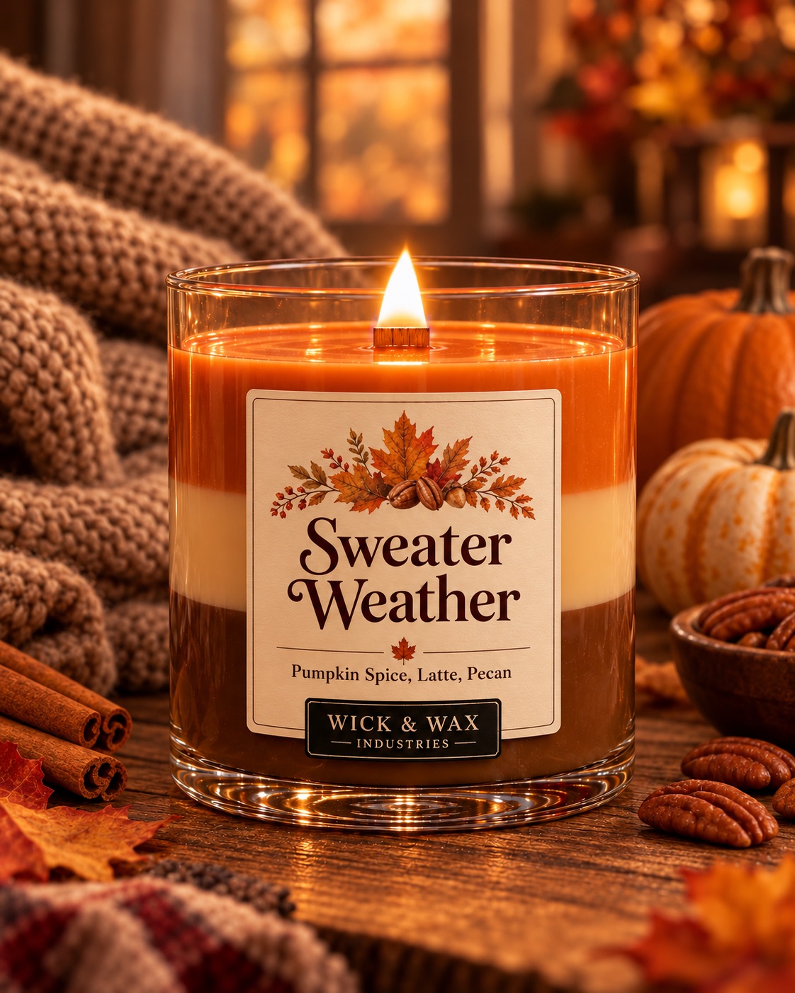Sweater Weather candle with orange, cream and brown layers and a wooden wick, next to a knit sweater, pumpkins and pecans.