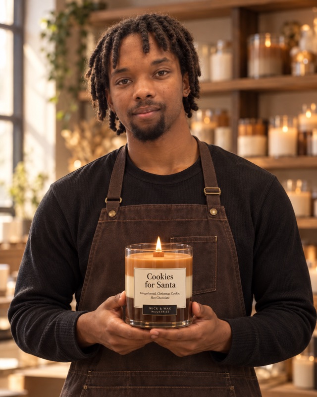 Nigel Livingston in an apron, holding a Cookies for Santa candle.